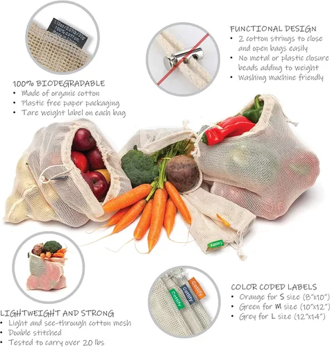 Miniatura 3 de 6 bolsas reutilizables para productos alimenticios lavables Bolsas de malla de algodón orgánico para productos Doble costura y peso de tara