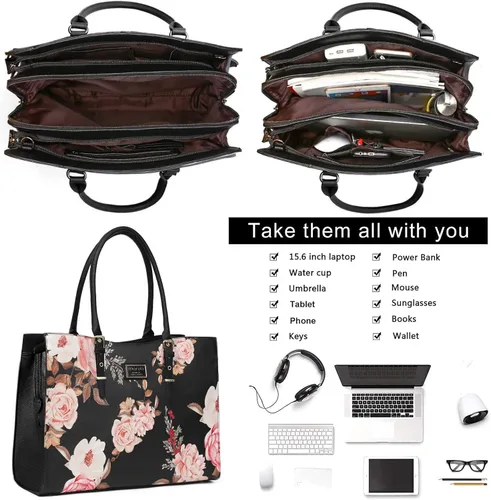Miniatura 2 de MOSISO Bolsa de mano para laptop para mujer, 15-16 pulgadas, compatible con MacBook Air 15/Pro 16, HP Dell Acer Asus, Peony impermeable, maletín