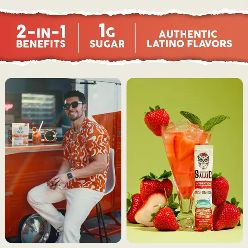 Miniatura 2 de Salud - Paquete de 2 Hidratación 2 en 1 + inmunidad (fresa) e hidratación + inmunidad (horchata) – 15 porciones cada una, mezcla de bebida Agua