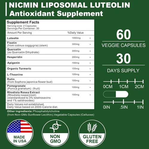 Miniatura 2 de Luteolina liposomal de 1000 MG, absorción máxima, potente suplemento de luteolina 180 cápsulas