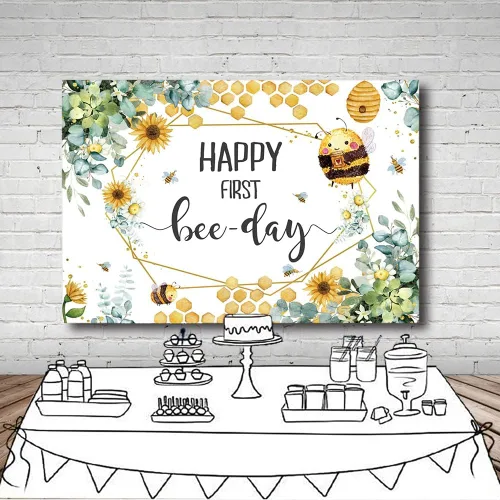 Miniatura 4 de MEHOFOND Telón de fondo para el primer día de las abejas con texto en inglés «Happy First Bee-Day» para fiesta de cumpleaños de niño y niña, panal