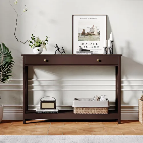 Miniatura 4 de Mesa de consola Treocho Espresso con cajón y estantes de almacenamiento, mesa de sofá estrecha para entrada, sala de estar, pasillo