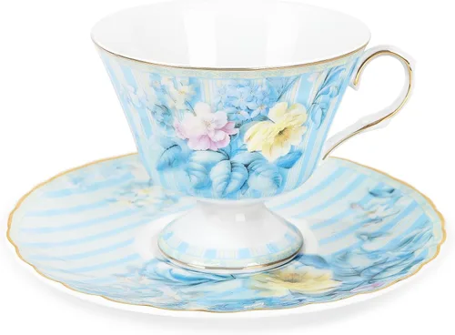 fanquare Taza de té y platillo vintage a rayas azules, taza de café de flor de hortensia, juegos de tazas de té florales retro para fiesta de té, 5