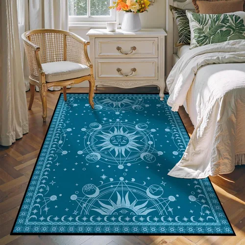 Miniatura 11 de 5' X 7' Alfombra con diseño de sol y luna, alfombras boho celestiales para dormitorio, sala de estar, estilo bohemio, oculto, media luna, solar