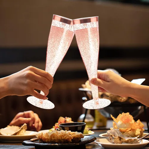 Miniatura 6 de Copas de champán desechables, 6 piezas de purpurina de oro rosa con borde de oro rosa, copas de champán de plástico para fiestas, copas de champán