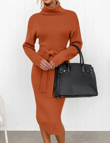 Miniatura 62 de ZESICA - Vestido por debajo de la rodilla de suéter, de cuello alto, para mujer, de manga larga, de punto acanalado, con abertura y cinturón