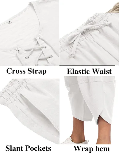 Miniatura 5 de Babioboa Conjunto de 2 piezas de lino para hombre, camisa hippie de manga corta y pantalones capri harén holgados para playa, pantalones de yoga