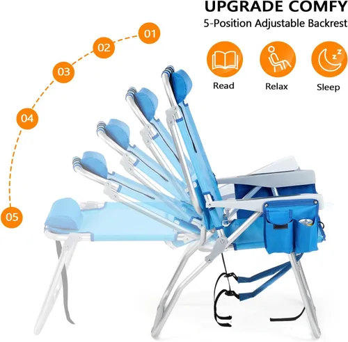 Miniatura 7 de VINGLI Silla de Playa Alta Paquete de 2 Ligera, Silla de Playa Tipo Mochila para Adultos con 5 Posiciones, Bolsa Refrigeradora, Portavasos, Barra