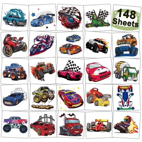 CHARLENT 148 tatuajes temporales de autos de carreras y camión monstruo para niños, tatuajes individuales de automóvil GoKart para niños, regalos de