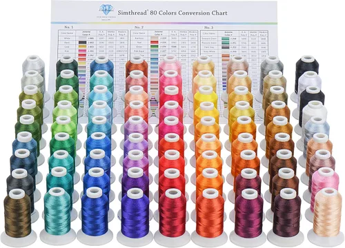 Simthread Hilo de bordado de poliéster, 80 bobinas de hilo para máquina de bordar, 1,640.4 ft (550 Y), cada carrete de hilo, colores compatibles con