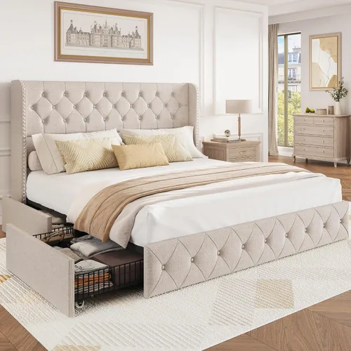 Miniatura 29 de BRELTAM Marco de Cama Tamaño Queen con Cajones de Almacenamiento y Cabecero Wingback Tapizado en Terciopelo Marco de Cama Plataforma Camas Blanco