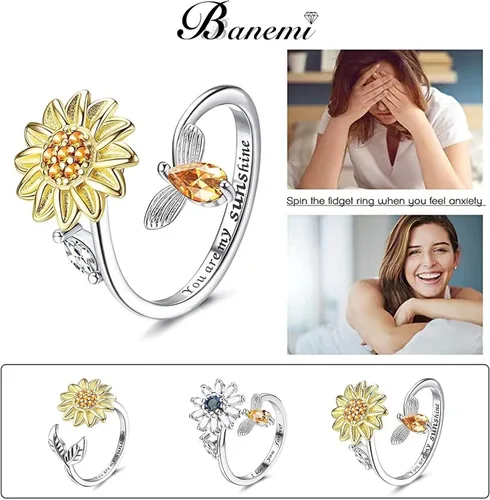 Miniatura 3 de Banemi Anillos antiestrés para la ansiedad para mujeres, anillo giratorio de flor de circonita cúbica, regalo de joyería para esposa, niña, día