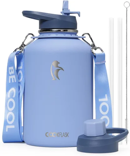 Miniatura 27 de Botella de agua Coolflask de 40 onzas con correa, botella de agua metálica aislada con popote y tapas con pico, acero inoxidable de doble pared al