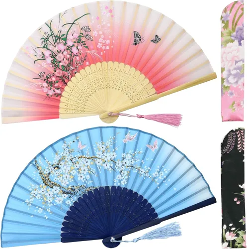 Miniatura 16 de OMyTea Abanicos de mano plegables para mujer, abanicos chinos japoneses de seda de bambú vintage, para sofocos, EDM, festival de música, fiesta