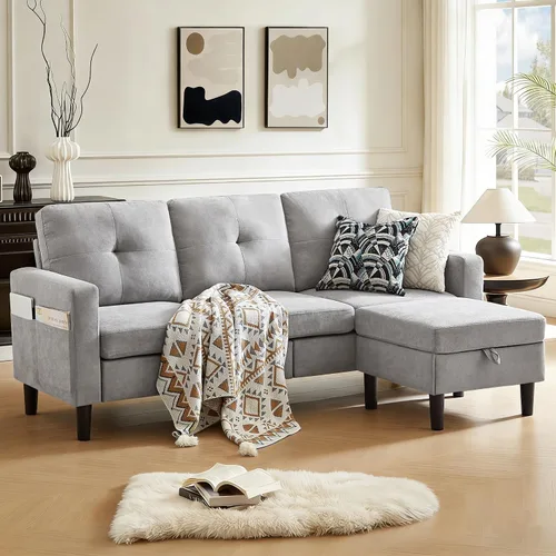 Miniatura 9 de Sofá Seccional Sofás para Sala de Estar, Sofás Seccionales Modulares de 3 Asientos en Forma de L con Almacenamiento y Chaise Reversible, Tela
