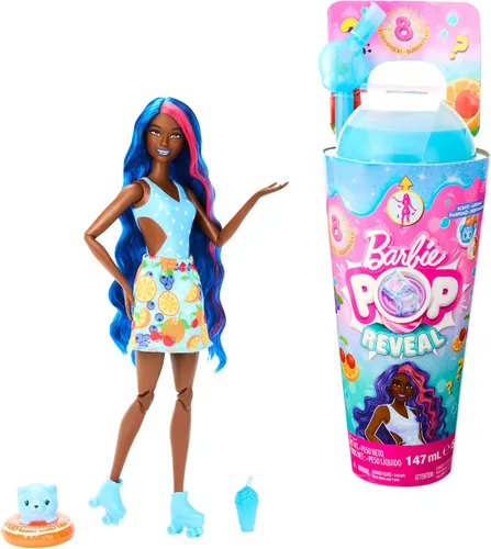 Barbie Muñeca Pop Reveal y accesorios, aroma a ponche de fruta con cabello azul, 8 sorpresas incluyen slime, cambio de color y cachorro