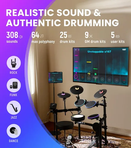 Miniatura 2 de The ONE Polaris - Batería eléctrica con USB MIDI y audio Bluetooth y conectividad USB MIDI, batería electrónica con almohadillas de malla