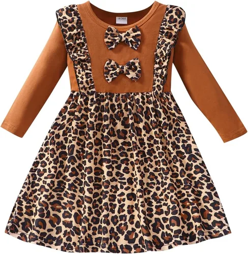 RETSUGO Vestidos de manga larga para niñas con estampado de empalme de volantes Bowknot Vestido de una línea para niñas