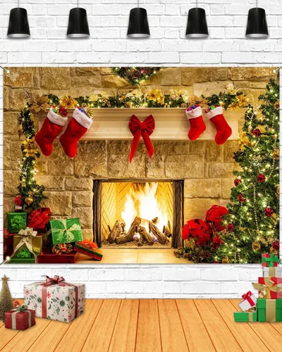 Mocsicka Telón de fondo de chimenea de Navidad de 7 x 5 pies, caja de regalo de árbol de Navidad, botas rojas, fondo adornado, fondo de fotografía
