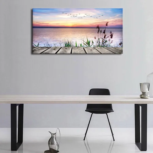 Miniatura 4 de Lienzo decorativo para pared, lago, muelle, puesta de sol, paisaje, pájaros voladores, playa, puesta de sol, paisaje, lienzo, obras de arte Sunset