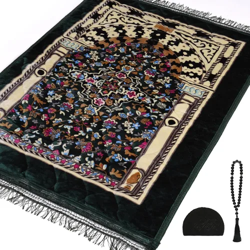 Miniatura 8 de Alfombra de oración musulmana con cuentas de oración Tasbih y sombrero de kufi, acolchada muy gruesa, alfombra de oración para hombres y mujeres