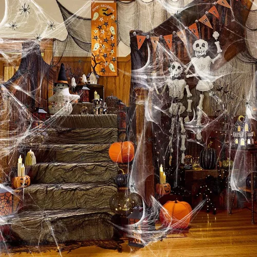 Miniatura 5 de Telarañas de Halloween de 1200 pies cuadrados y 50 arañas falsas, telarañas súper elásticas, decoración de fiesta para decoración de Halloween