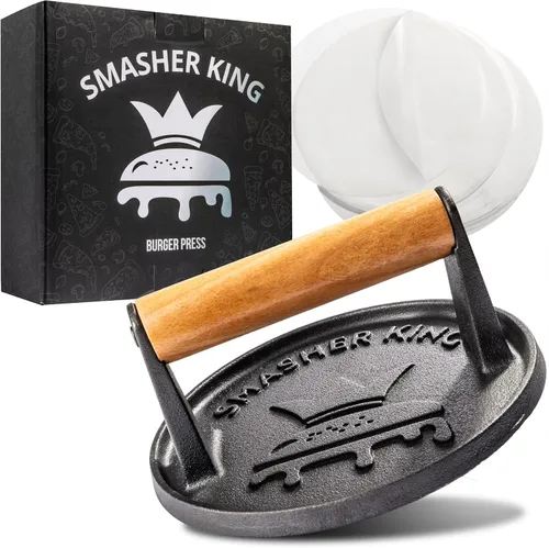 Miniatura 10 de SMASHER KING™ - Prensa de hamburguesa premium de hierro fundido con 25 piezas de papel para hamburguesas, prensa de hamburguesas para plancha