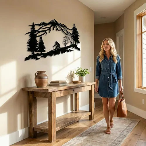 Miniatura 6 de DEKADRON Arte de pared con temática de esquiador de metal, arte de pared con temática de montañas y árboles, decoración de pared de metal, regalo