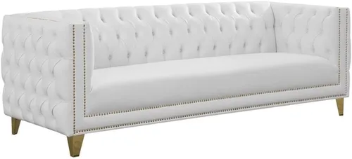 Meridian Furniture 651White-S Colección Michelle Moderna | Sofá contemporáneo con botones profundos, ribete dorado de cabeza de clavo y patas de