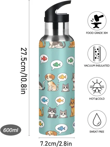 Miniatura 9 de Cartoon Cats Dogs Insulated Stainless Steel Water Bottle with Straw 20 Oz Leakproof Water Bottles, BPA-Free Sports Water Bottle