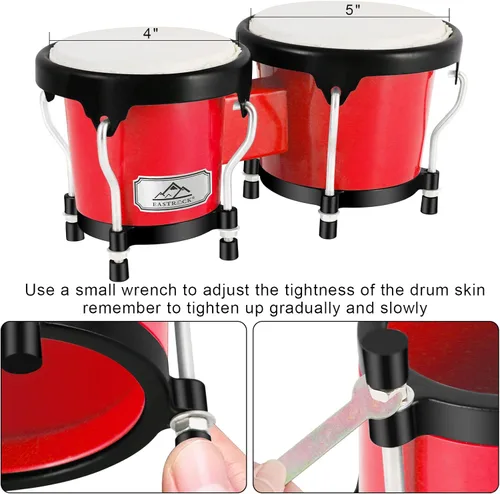 Miniatura 3 de EastRock Bongo - Juego de tambor de 4 y 5 pulgadas para adultos, principiantes, bongos de percusión con llave de afinación (rojo)