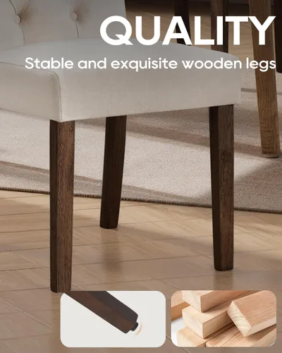Miniatura 5 de Juego de 2 sillas de comedor, tapizadas Parsons con botones y patas de madera maciza, sillas de cocina de tela moderna para comedor, color beige