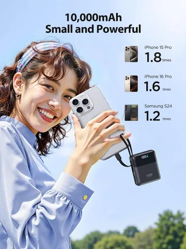 Miniatura 4 de Cargador portátil de 10000 mAh de carga rápida, batería USB C de 22.5 W con cables integrados, pequeño cargador portátil de viaje esenciales