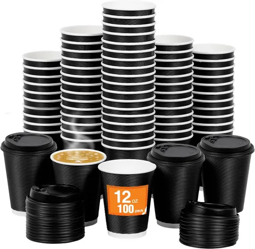Miniatura 12 de Paquete de 100 tazas de café desechables de pared ondulada corrugada de 16 onzas con tapas y pajitas, tazas aisladas resistentes para bebidas