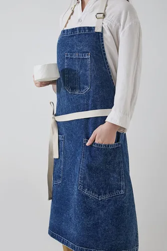 Miniatura 2 de Delantal Tobyan de Mezclilla de Algodón Suave - Delantal Unisex Ajustable con Babero de 5 Bolsillos Perfecto para Cocinas ZD-azul