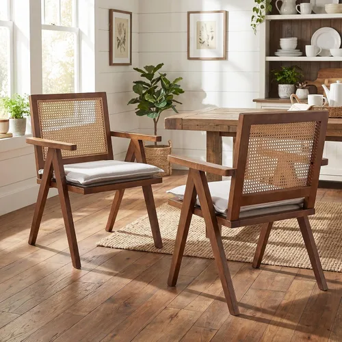Miniatura 20 de Hyfirm Juego de 2 sillas de comedor de ratán negro, sillas de comedor de madera y caña de granja con asiento de bastón, sillones de cocina de ratán