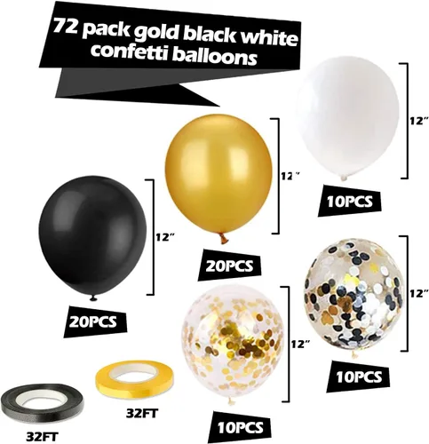 Miniatura 5 de Kit de 72 globos de confeti negro y dorado, globos negros, dorados y blancos de 12 pulgadas y globos de confeti dorado con cintas para globos