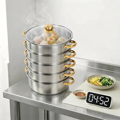 Miniatura 5 de Steamer Pot,5-Tier Stainless Steel Stockpot Steamers with Glass Lid and Anti-Scalding Handles,Polishing Steamer Cookware Pot for Induction Cookers