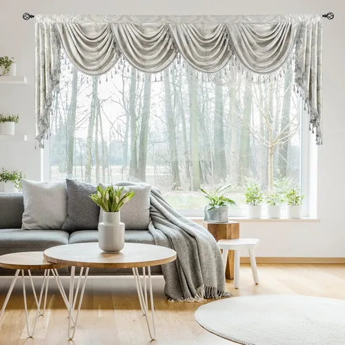 Miniatura 8 de Cenefas florales europeas color gris plateado para ventanas, cenefas de cascada de damasco con borlas de cuentas - Cenefa de ventana en cascada
