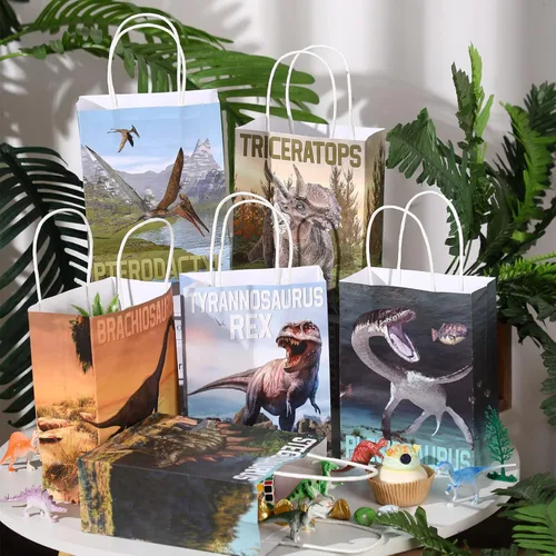 Miniatura 2 de Pajean 24 bolsas de caramelos de dinosaurio con asa, bolsas de papel de recuerdo de fiesta de dinosaurios, regalos para niños, envoltura