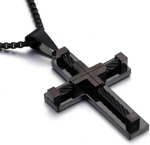 YL Collar de cruz para hombre de acero inoxidable 316L con colgante grande de Jesucristo, color blancodoradonegro, cadena Rolo para 20, 22, 24, 26,