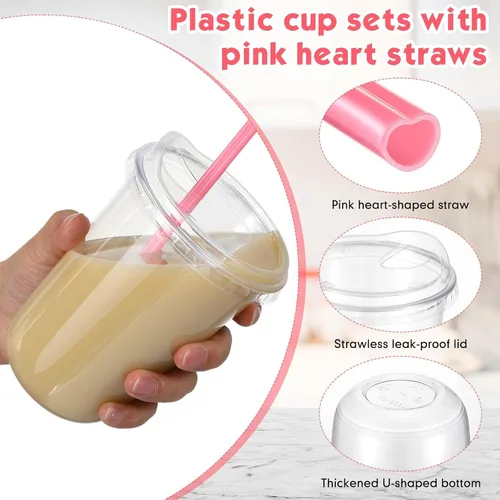 Miniatura 4 de Ziliny Juego de 25 vasos de plástico transparente con pajitas rosas en forma de corazón y tapas sin popote, vasos desechables para mascotas de fondo