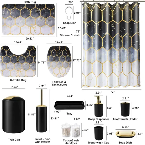 Miniatura 6 de BSSN Juego de 25 accesorios de baño negros y dorados con cortina de ducha y alfombras, basura, cepillo de inodoro, dispensador de jabón, soporte