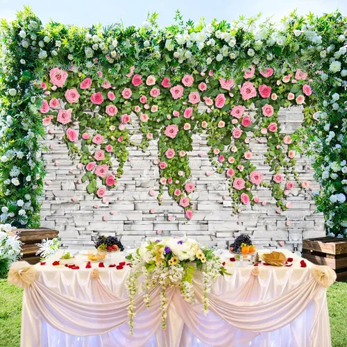 Miniatura 4 de Pared de ladrillo de 5 x 3 pies con telón de fondo floral rosa para fiesta, plantas verdes, fondo de fotos de pared, boda, dulce niña, fiesta