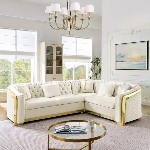 Miniatura 14 de KEIKI Sofá Chesterfield de terciopelo de lujo de gran tamaño de 81 pulgadas con decoración de acero inoxidable dorado, sofá de 3 plazas