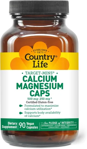 Country Life Target-Mins Complejo de calcio y magnesio - 1000 mg de calcio, 500 mg de magnesio, suplemento sin gluten para la salud ósea
