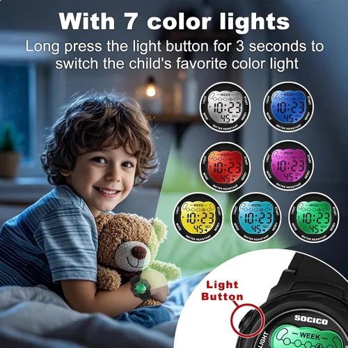 Miniatura 3 de SOCICO Relojes digitales para niños y niñas, 7 luces de color impermeables, reloj deportivo para exteriores con cronómetro, alarma, fecha, gran