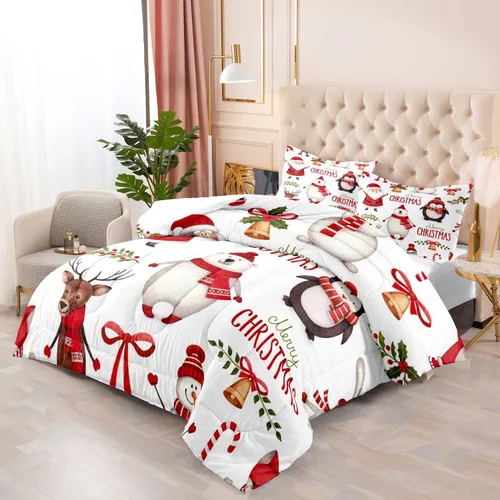 Miniatura 3 de LUVIVIHOME Juego de edredón de 2 piezas de oso de Navidad, tamaño individual, copos de nieve blancos, rojo y negro, a cuadros, ropa de cama