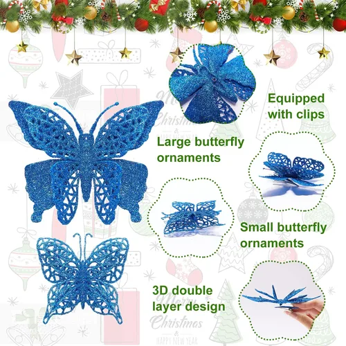 Miniatura 4 de 16 decoraciones de árbol de Navidad con purpurina, 2 estilos de adornos de mariposa hueca con clips, decoraciones de mariposa artificial para árbol