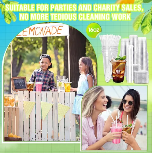 Miniatura 6 de Eaasty Juego de 150 vasos de plástico transparente de 16 onzas con cuchara, pajitas y tapas planas, desechables, para café helado, postre, yogur